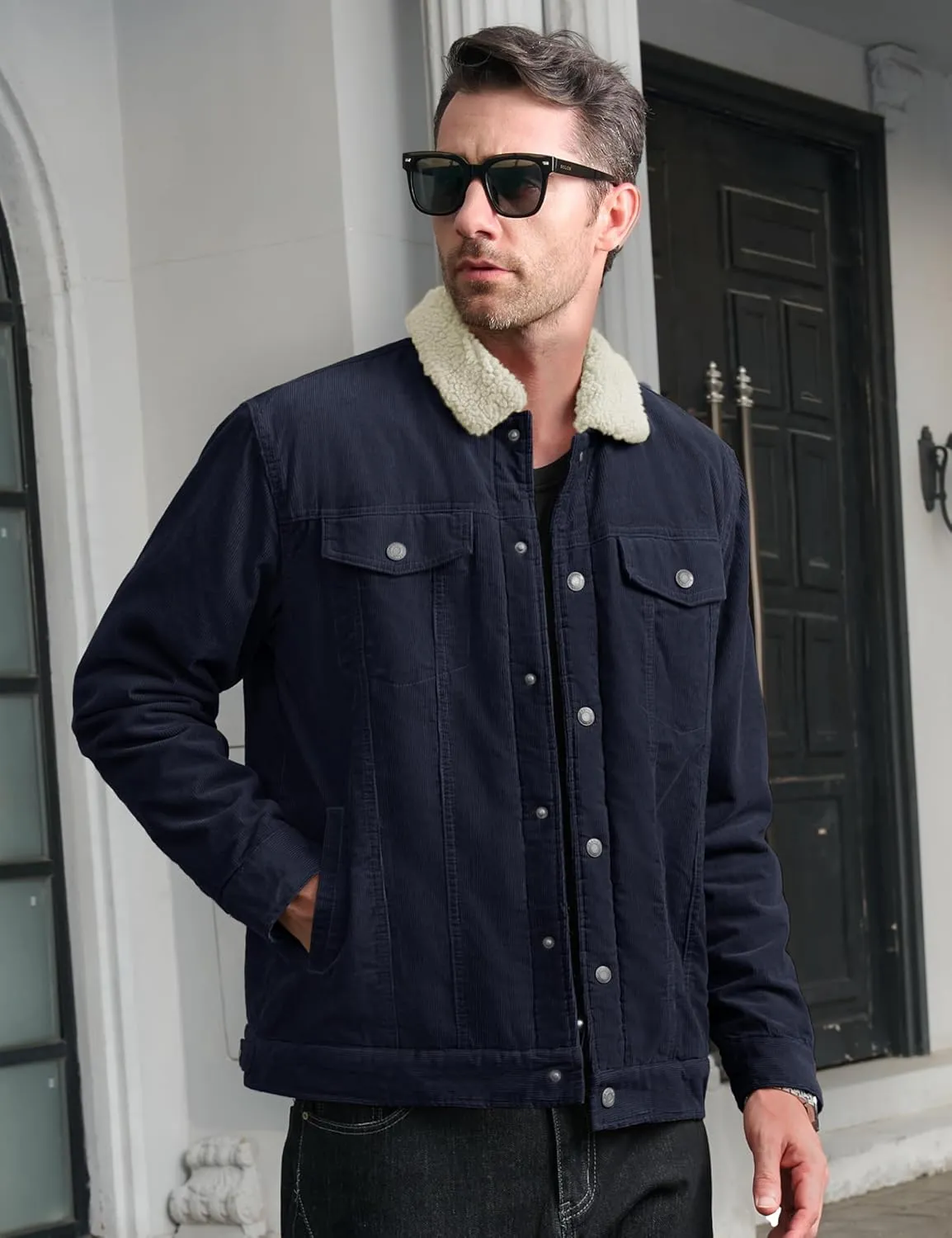CRYSULLY Men's Corduroy Jacket Cotton Sherpa Lined Jacket Turn-Down Collar Jackets with 5 Pockets