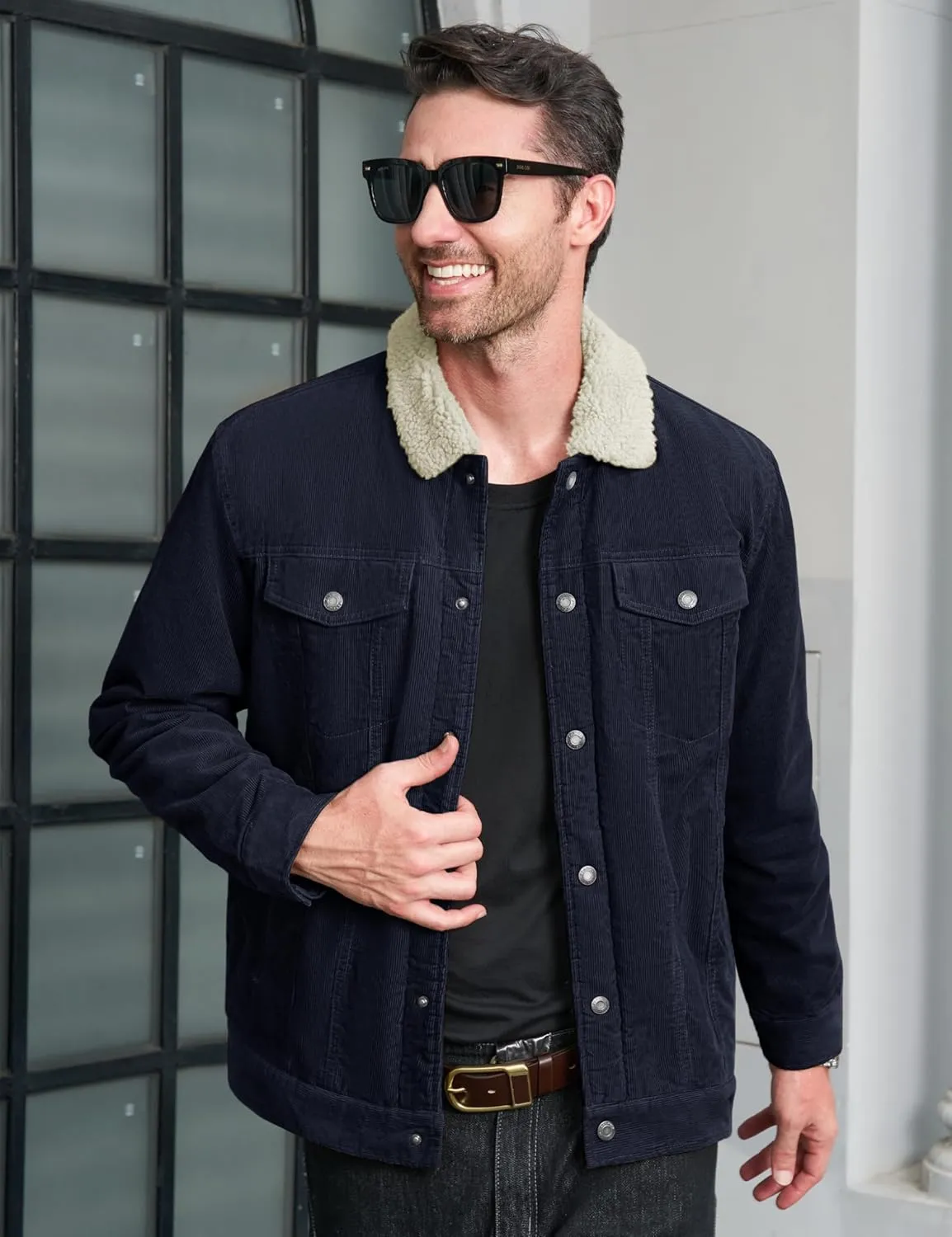 CRYSULLY Men's Corduroy Jacket Cotton Sherpa Lined Jacket Turn-Down Collar Jackets with 5 Pockets