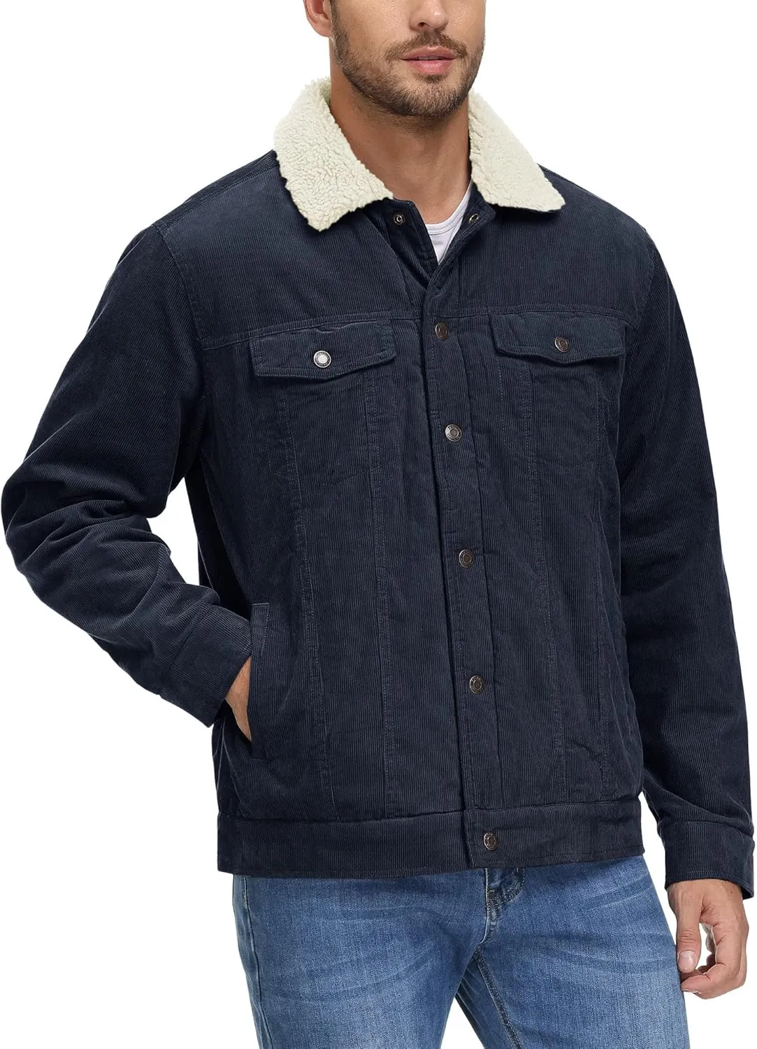 CRYSULLY Men's Corduroy Jacket Cotton Sherpa Lined Jacket Turn-Down Collar Jackets with 5 Pockets