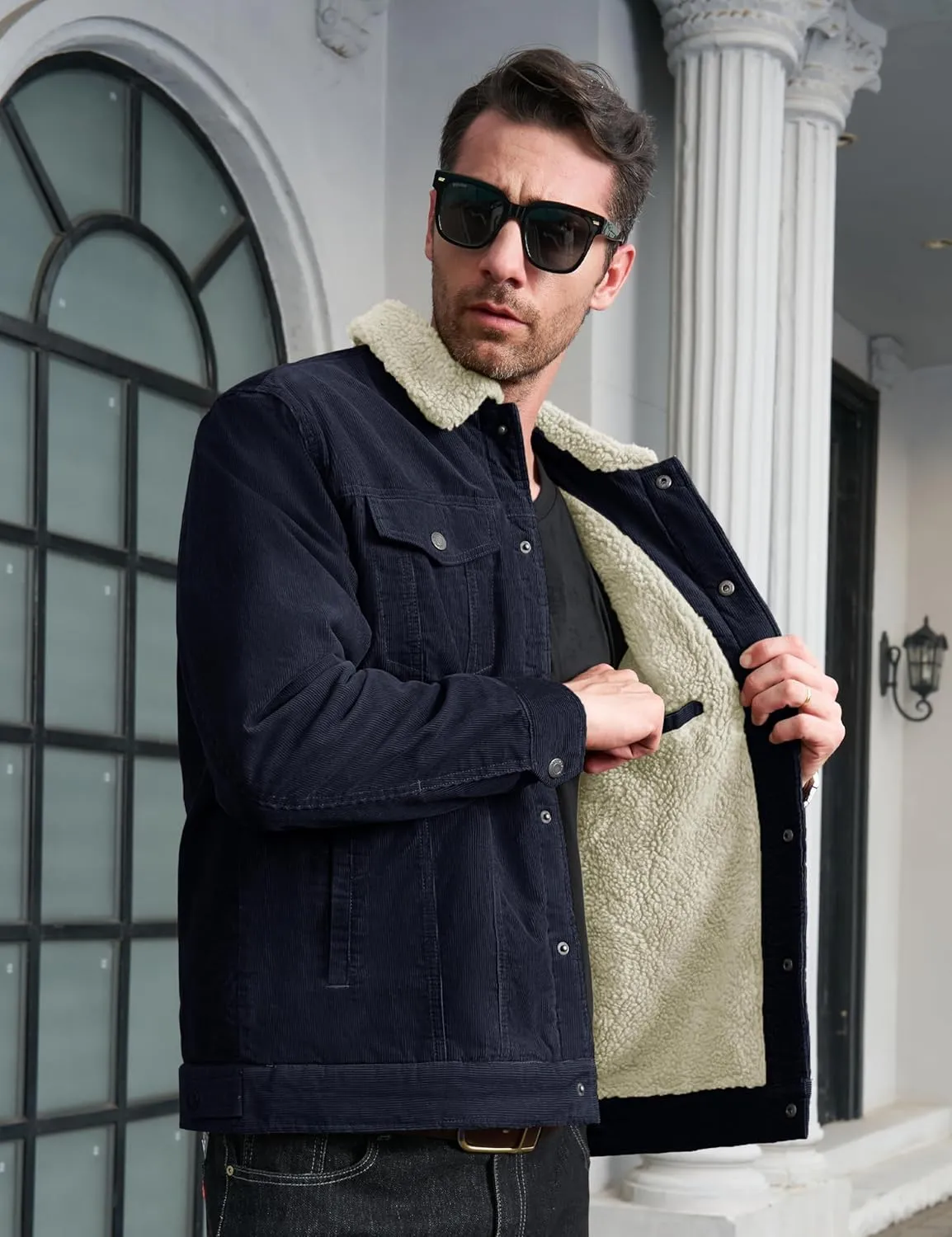 CRYSULLY Men's Corduroy Jacket Cotton Sherpa Lined Jacket Turn-Down Collar Jackets with 5 Pockets