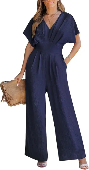 CUPSHE One Piece Jumpsuits for Women Casual Summer V Neck Batwing Sleeve Wide Leg Elegant Overalls Sexy Vacation Outfits