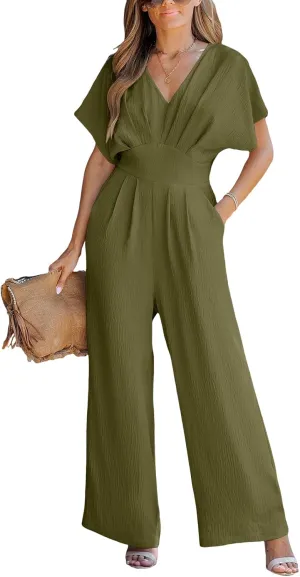 CUPSHE One Piece Jumpsuits for Women Casual Summer V Neck Batwing Sleeve Wide Leg Elegant Overalls Sexy Vacation Outfits