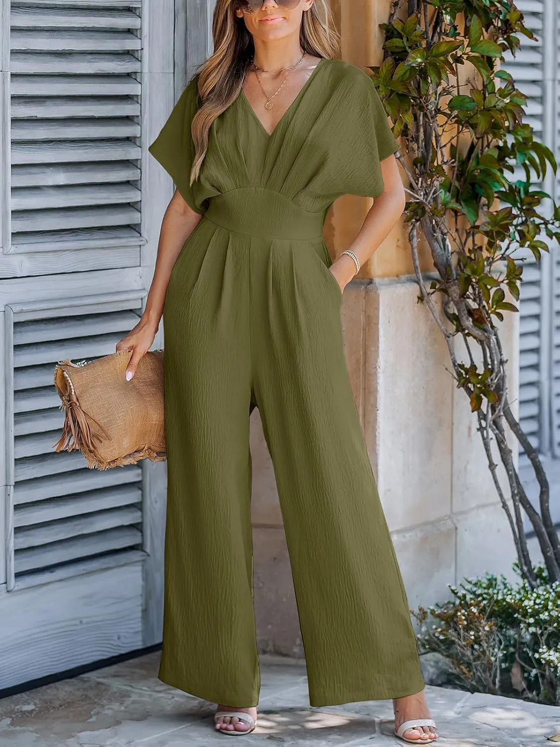 CUPSHE One Piece Jumpsuits for Women Casual Summer V Neck Batwing Sleeve Wide Leg Elegant Overalls Sexy Vacation Outfits