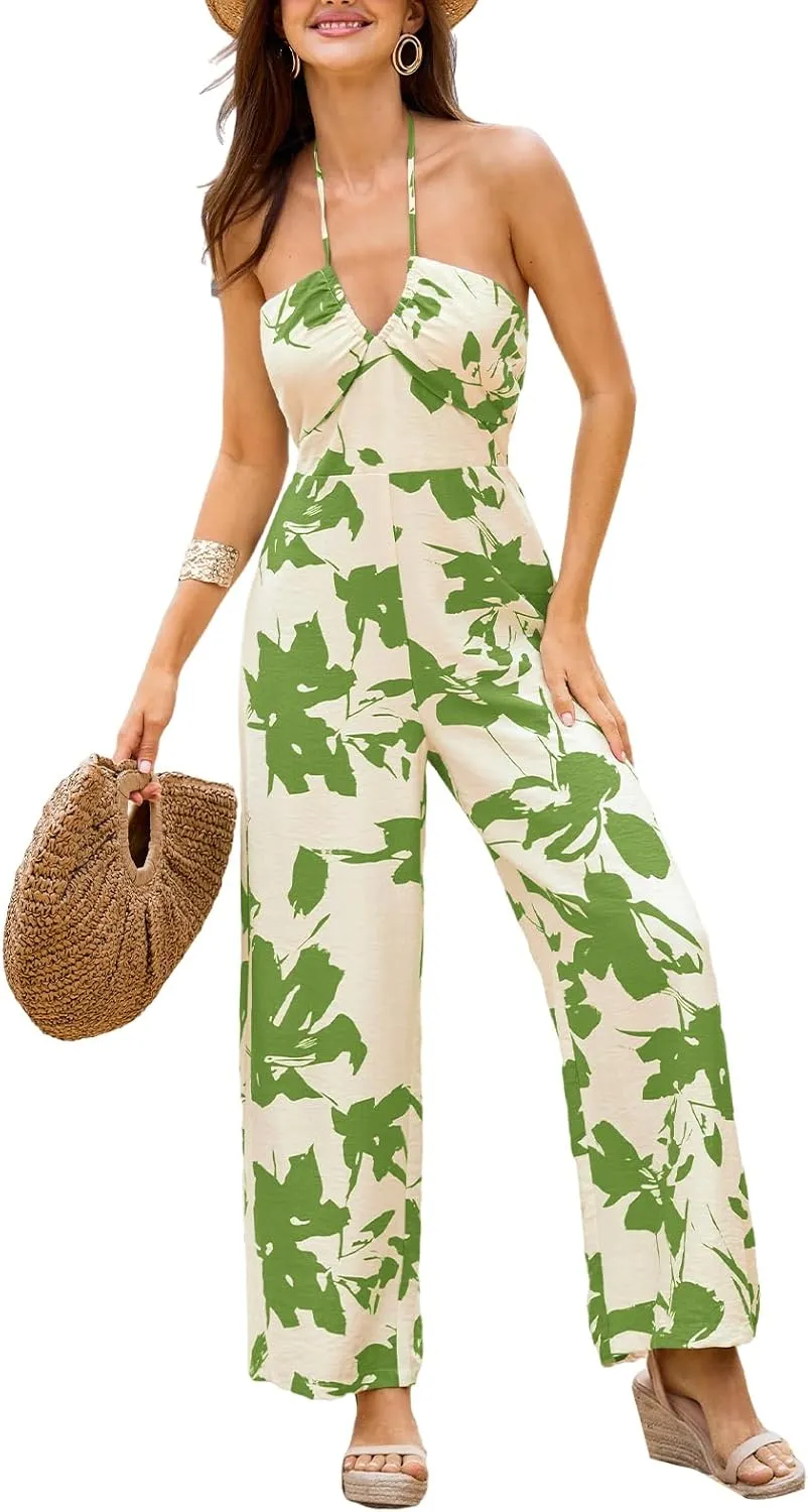 CUPSHE Women's Boho Casual Jumpsuits Floral Print Sleeveless Halter Neck Wide Leg One Piece Rompers Vacation Outfits