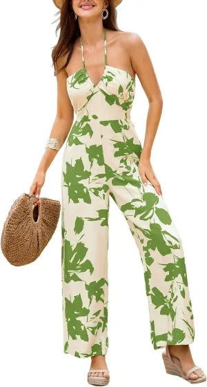 CUPSHE Women's Boho Casual Jumpsuits Floral Print Sleeveless Halter Neck Wide Leg One Piece Rompers Vacation Outfits