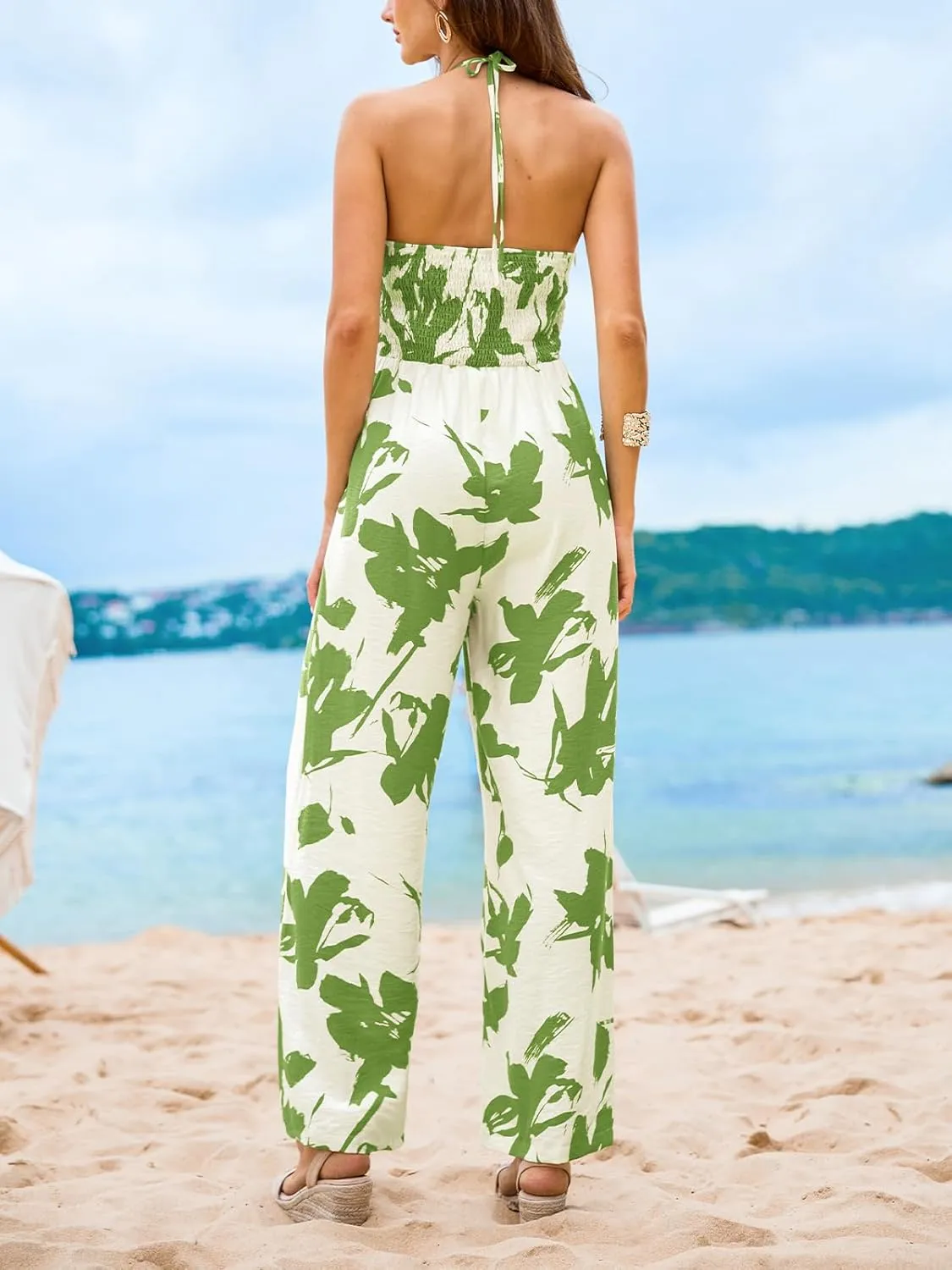 CUPSHE Women's Boho Casual Jumpsuits Floral Print Sleeveless Halter Neck Wide Leg One Piece Rompers Vacation Outfits