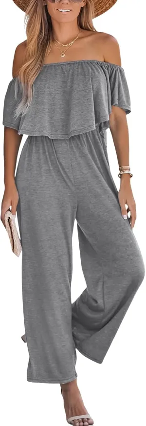CUPSHE Women's Jumpsuit Off shoulder Straight Leg Pants Short Sleeve High Waist Casual Summer Outfits Romper