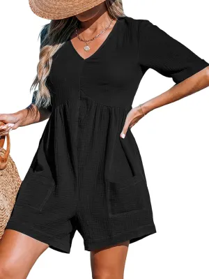 CUPSHE Women's Jumpsuits V-Neck Wide Leg Romper Short Sleeves Overall with Front Pockets Outfit Casual Beach