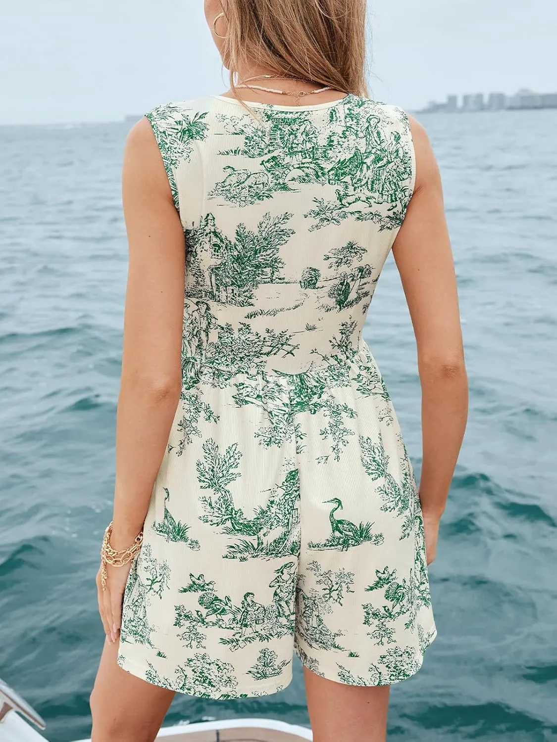 CUPSHE Women's Romper V Neck Printed Floral Sleeveless High Waist Jumpsuit Casual Vacation