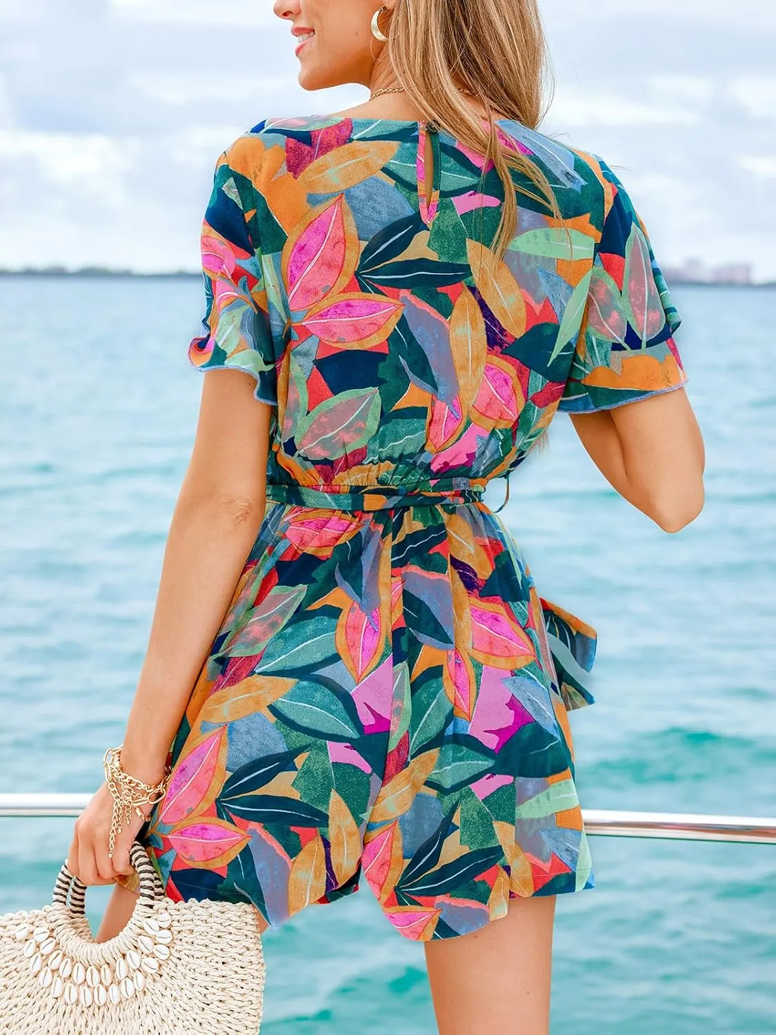 CUPSHE Women's Romper V Neck Short Sleeves Colorful Tropical Jumpsuit Straight leg Outfit Casual Dressy