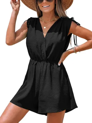 CUPSHE Women's Romper V Neck Sleeveless Soild Jumpsuit High Waist Elastic Casual Summer Beach Outfit Casual Vacation