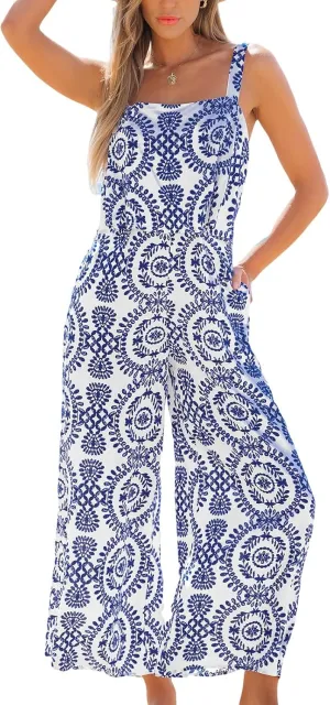 CUPSHE Women's Sleeveless Floral Tropical Romper Wrap Ruffles Summer Beach Vacation Camisole Wide Leg Jumpsuit with Pockets