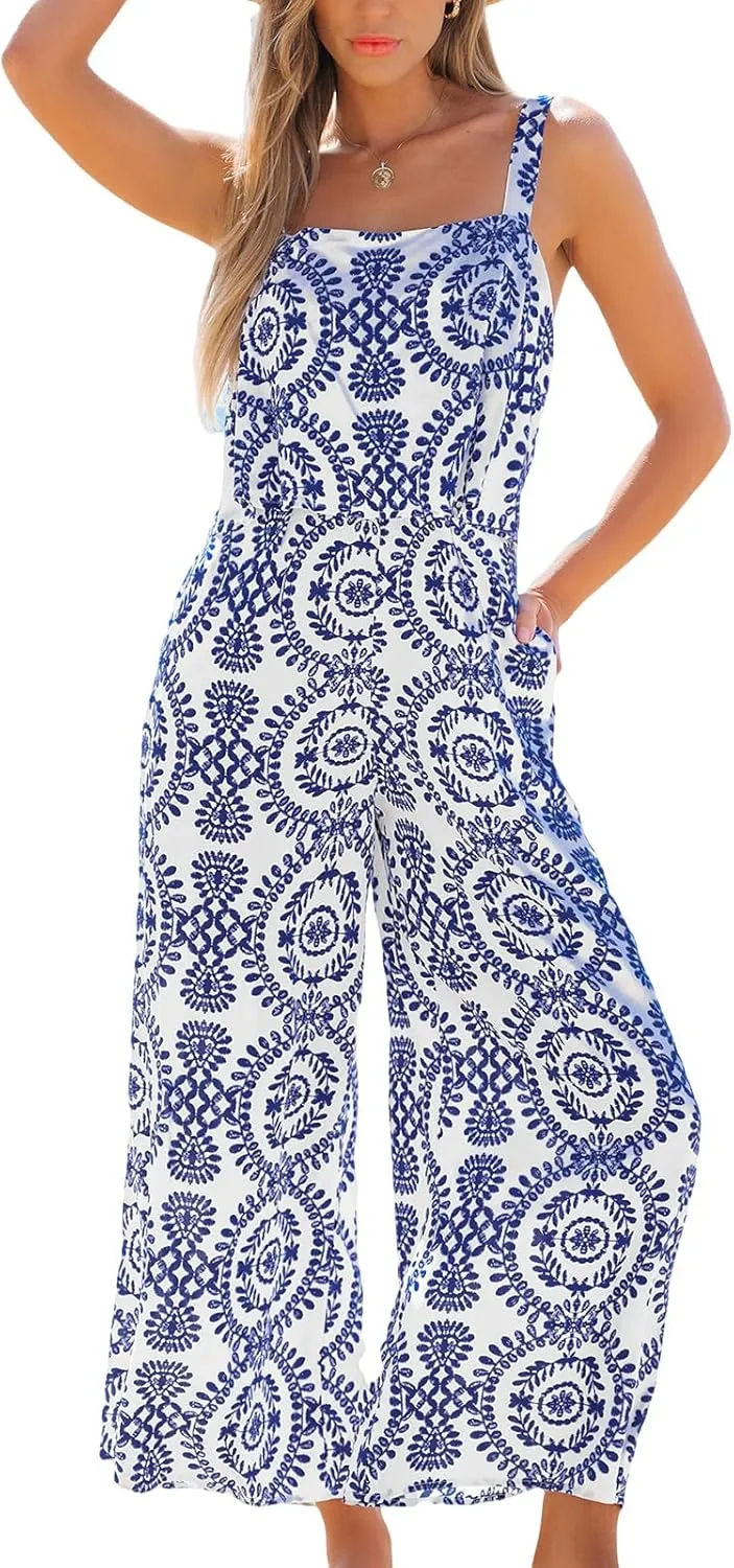 CUPSHE Women's Sleeveless Floral Tropical Romper Wrap Ruffles Summer Beach Vacation Camisole Wide Leg Jumpsuit with Pockets