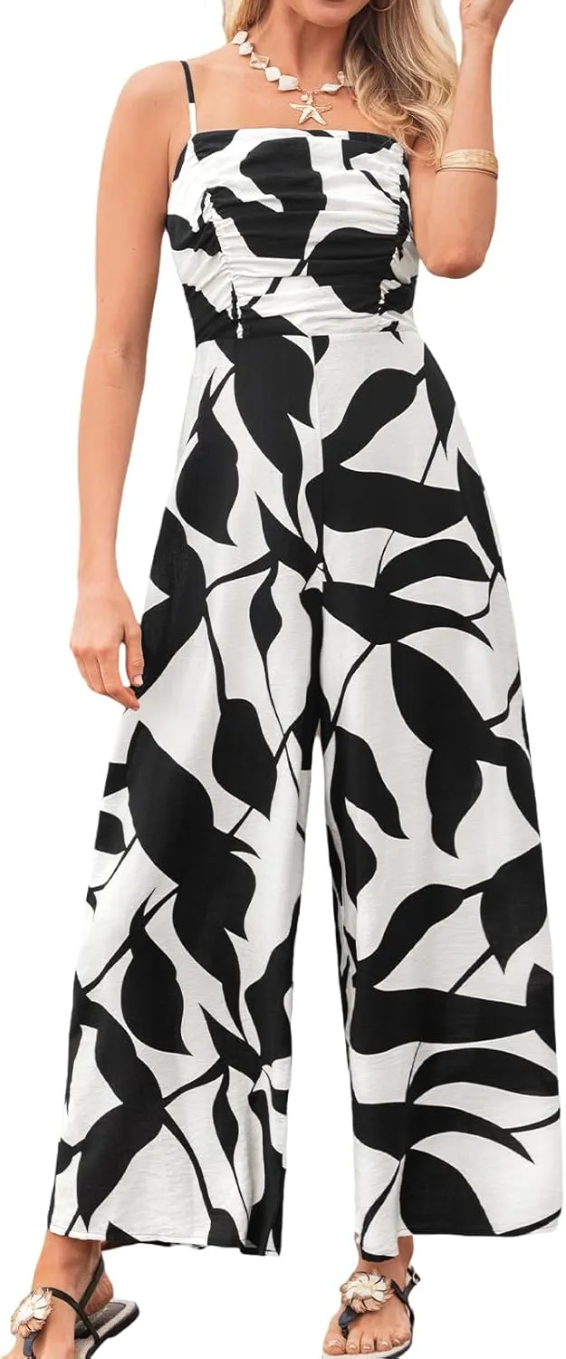 CUPSHE Women's Summer Jumpsuits Dressy Casual One Piece Outfits Sleeveless Overalls Printed Wide Leg Pants Vacation Rompers