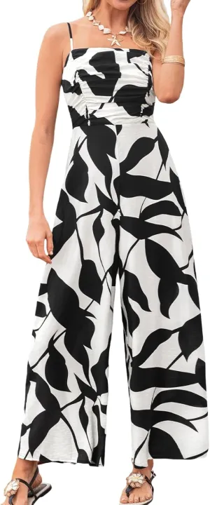 CUPSHE Women's Summer Jumpsuits Dressy Casual One Piece Outfits Sleeveless Overalls Printed Wide Leg Pants Vacation Rompers