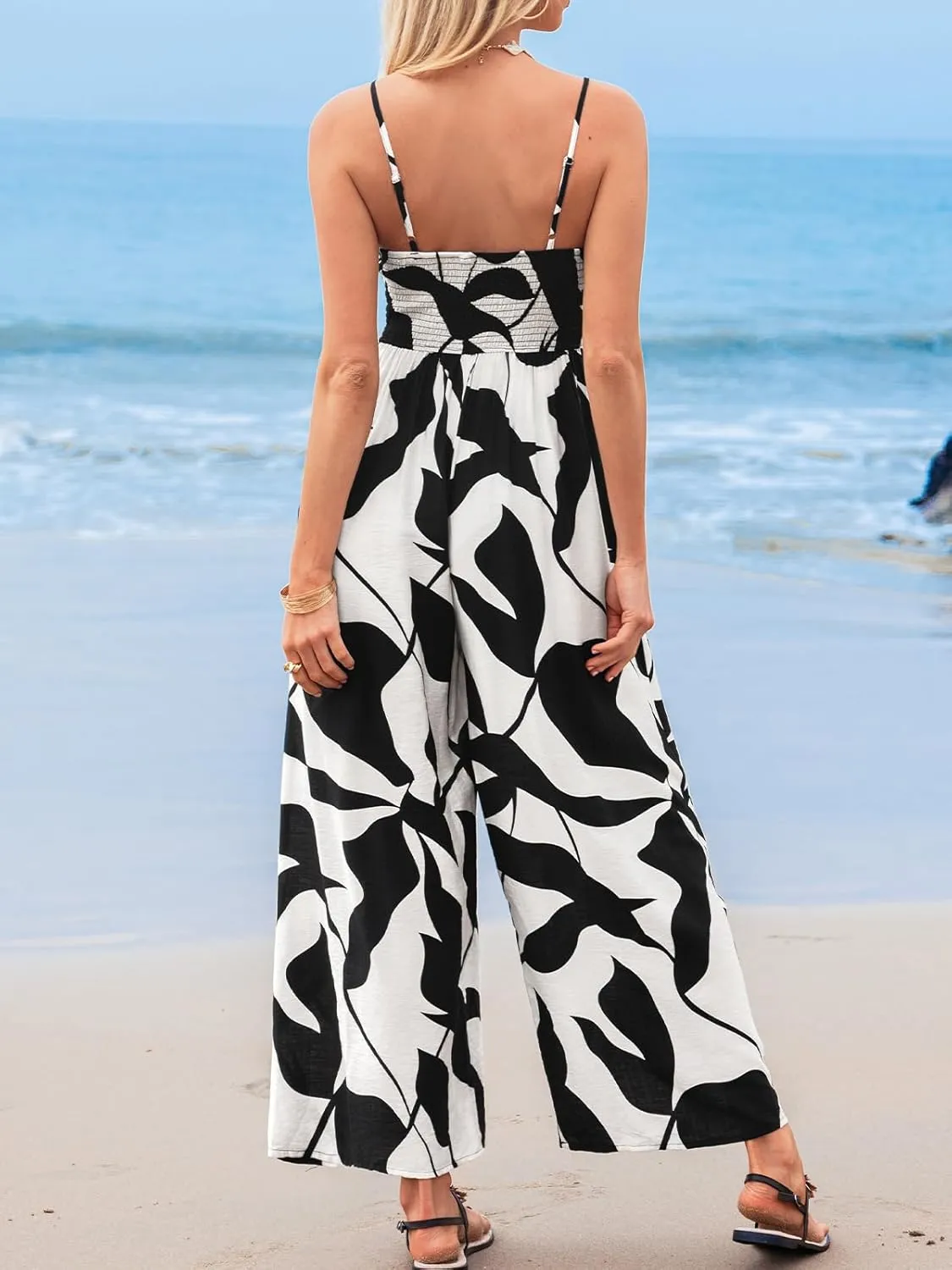 CUPSHE Women's Summer Jumpsuits Dressy Casual One Piece Outfits Sleeveless Overalls Printed Wide Leg Pants Vacation Rompers