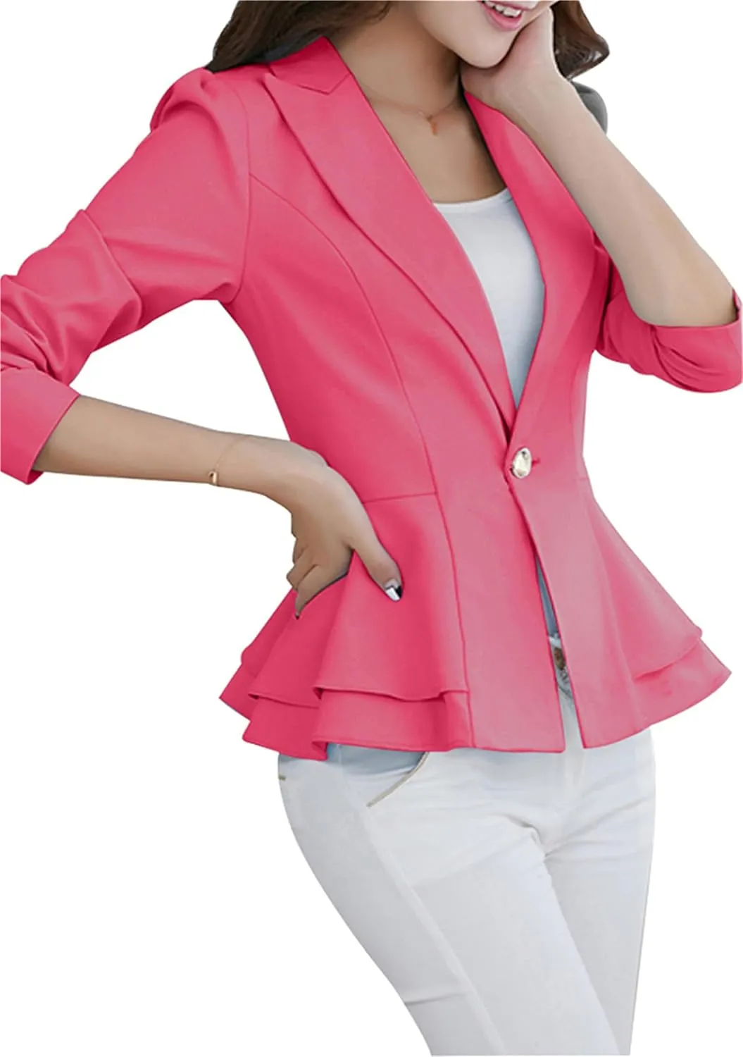 DIACACY Womens Button Down Open Front Blazer Long Sleeve Jacket Solid Color Plus Size Office Coat Blazer