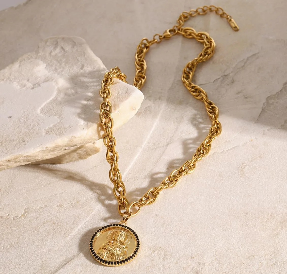 Divine Faith Patron Amulet: St Michael/St Christopher/Virgin Mary/Jesus/St Francis/St Benedict/St Peter/St Paul/St Patrick/St Anthony Pendant Necklace for Women - 18k Gold Medal Jewelry