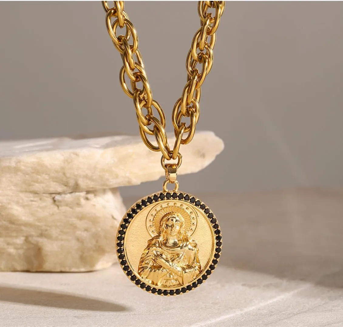 Divine Faith Patron Amulet: St Michael/St Christopher/Virgin Mary/Jesus/St Francis/St Benedict/St Peter/St Paul/St Patrick/St Anthony Pendant Necklace for Women - 18k Gold Medal Jewelry