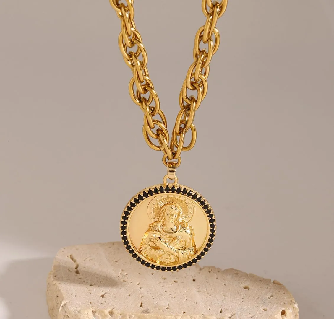 Divine Faith Patron Amulet: St Michael/St Christopher/Virgin Mary/Jesus/St Francis/St Benedict/St Peter/St Paul/St Patrick/St Anthony Pendant Necklace for Women - 18k Gold Medal Jewelry