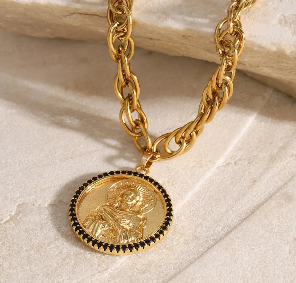 Divine Faith Patron Amulet: St Michael/St Christopher/Virgin Mary/Jesus/St Francis/St Benedict/St Peter/St Paul/St Patrick/St Anthony Pendant Necklace for Women - 18k Gold Medal Jewelry