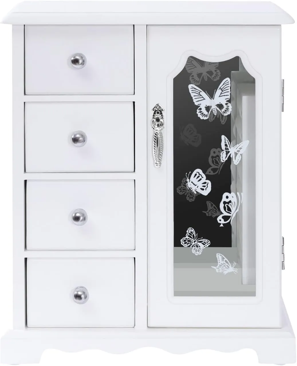 DNYSYSJ Jewelry Box, Solid Wood Small Jewelry Organizer for Women Girls, with 4 Drawers Organizer and Built-in Necklace Carousel and Large Mirror Display Storage Holder Boxes (White) USA STOCK