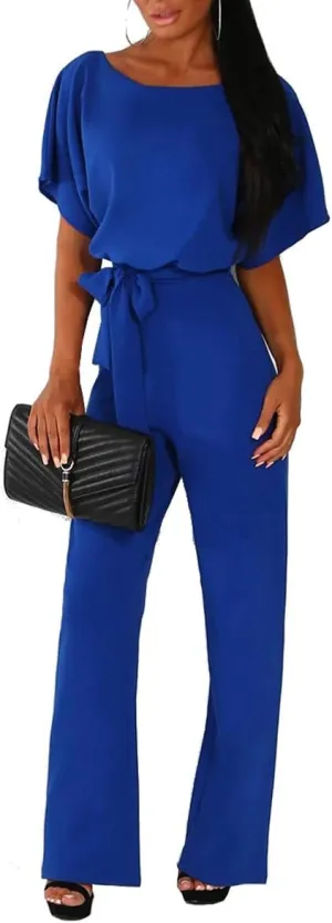Dreamskull Womens Casual Loose Short Batwing Sleeve Belted Wide Leg Pant Romper Jumpsuits with Belt