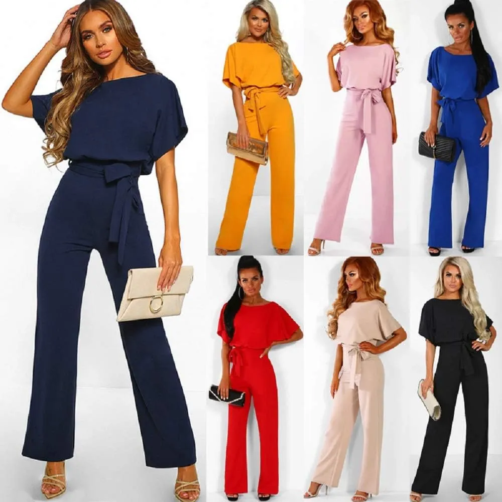 Dreamskull Womens Casual Loose Short Batwing Sleeve Belted Wide Leg Pant Romper Jumpsuits with Belt