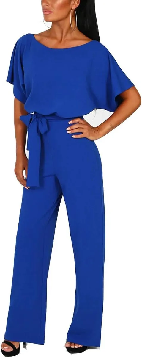 Dreamskull Womens Casual Loose Short Batwing Sleeve Belted Wide Leg Pant Romper Jumpsuits with Belt