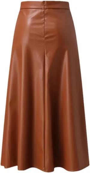 Dvbfufv Women PU Leather Midi Skirt Spring Summer Elegant Office Solid Skirt Lady Casual High Waist Zipper Pleated Skirt