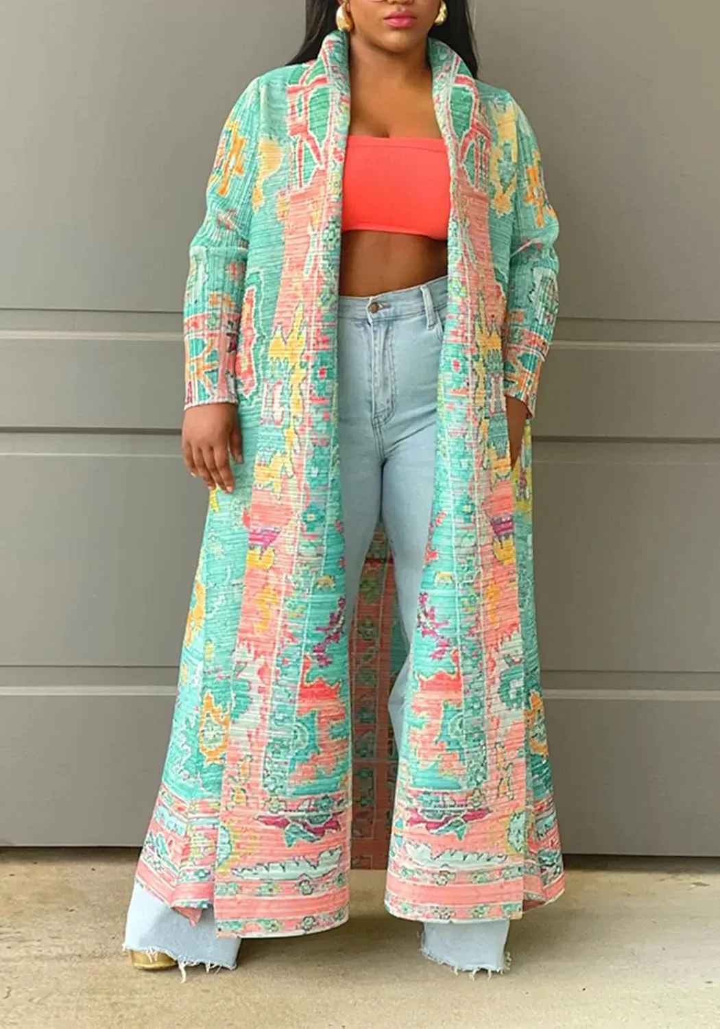 Ecirod Womens Vintage African Print Long Sleeve Open Front Cardigan Lapel Collar Long Jacket Coat