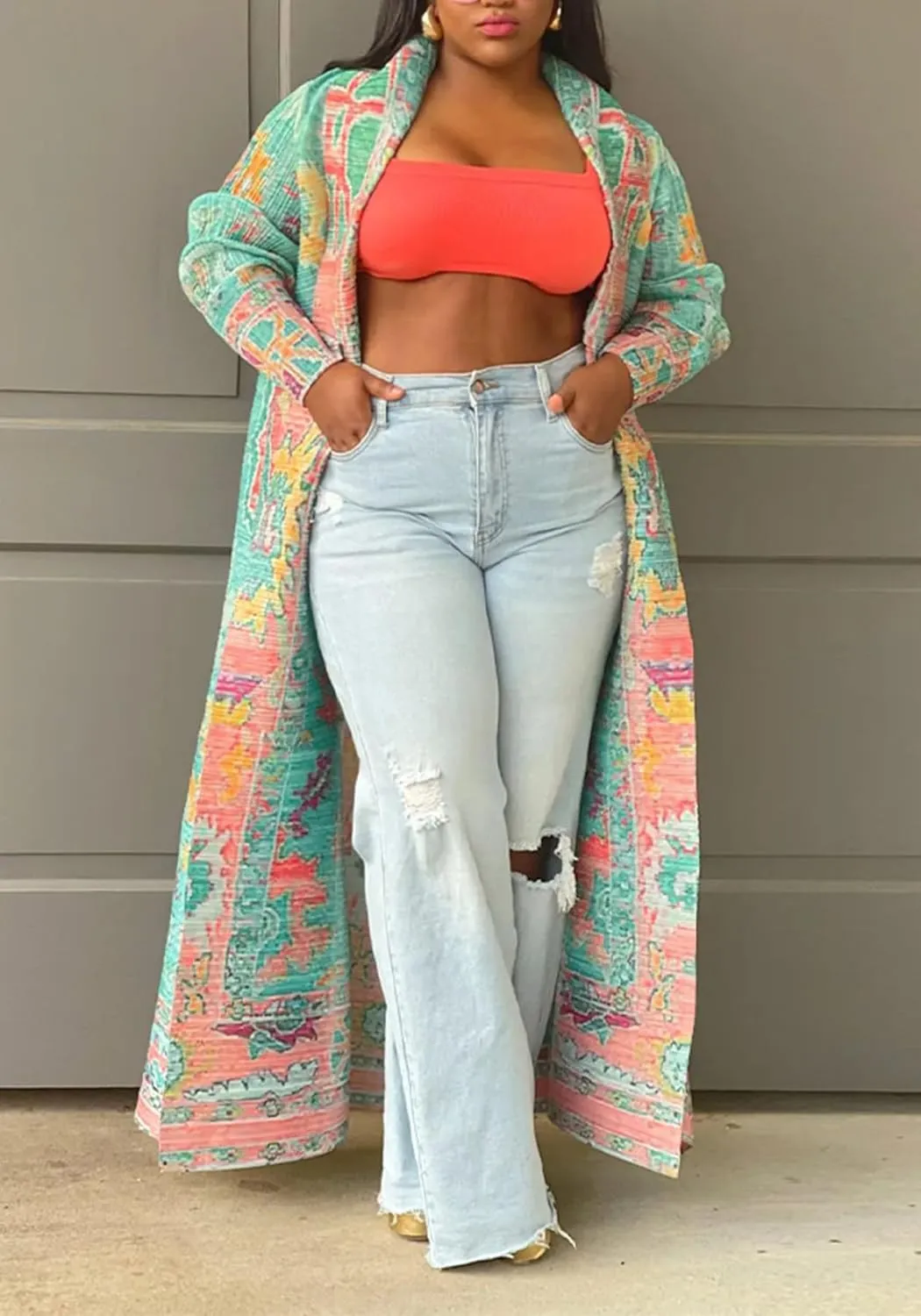 Ecirod Womens Vintage African Print Long Sleeve Open Front Cardigan Lapel Collar Long Jacket Coat