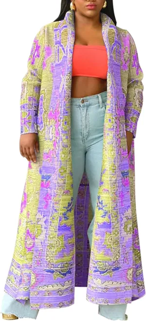 Ecirod Womens Vintage African Print Long Sleeve Open Front Cardigan Lapel Collar Long Jacket Coat