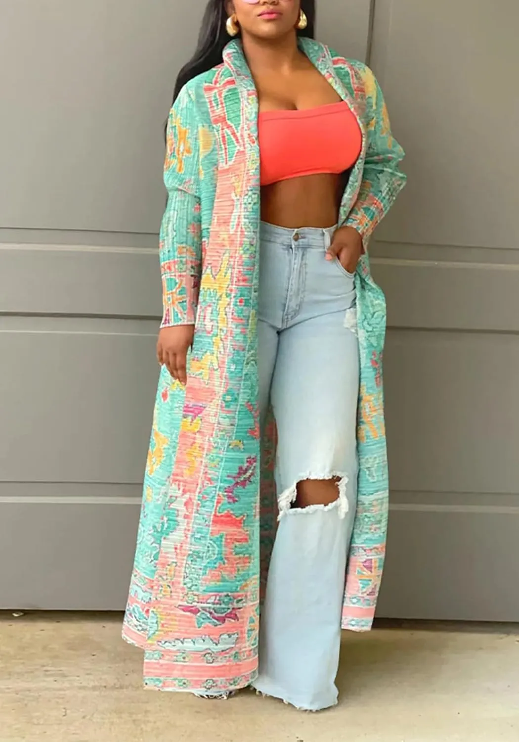 Ecirod Womens Vintage African Print Long Sleeve Open Front Cardigan Lapel Collar Long Jacket Coat