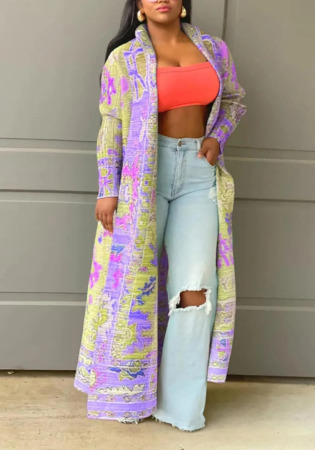 Ecirod Womens Vintage African Print Long Sleeve Open Front Cardigan Lapel Collar Long Jacket Coat