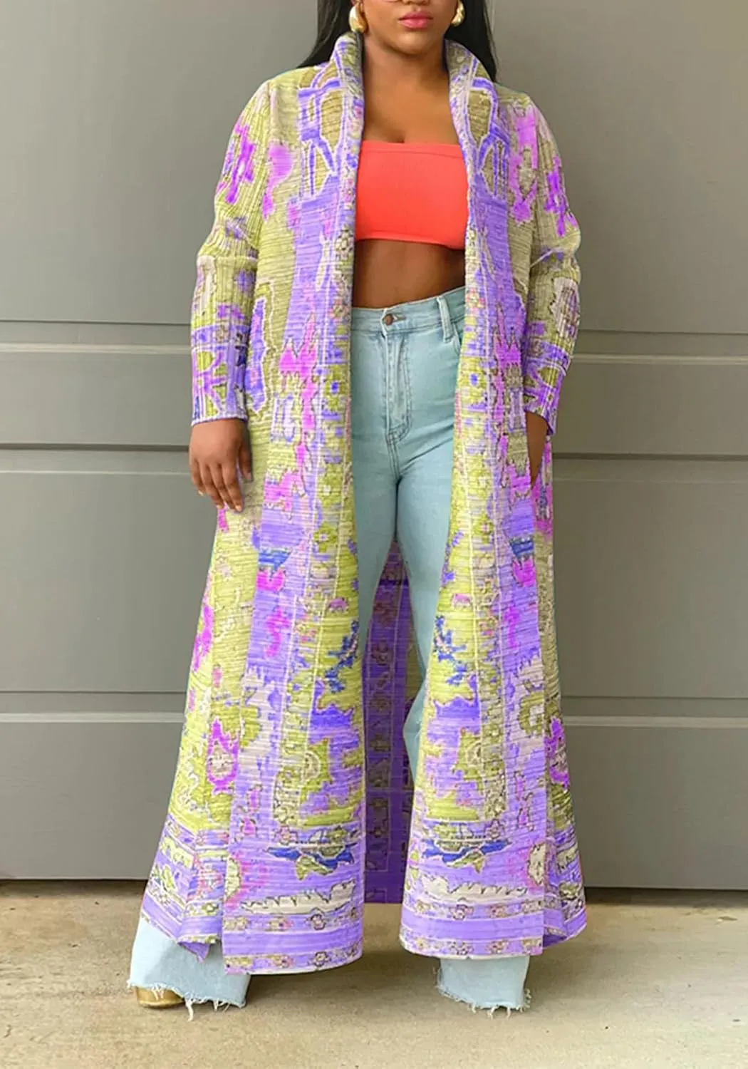 Ecirod Womens Vintage African Print Long Sleeve Open Front Cardigan Lapel Collar Long Jacket Coat