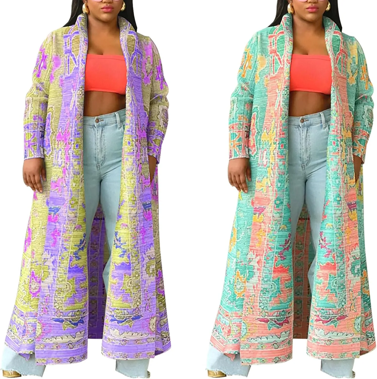 Ecirod Womens Vintage African Print Long Sleeve Open Front Cardigan Lapel Collar Long Jacket Coat