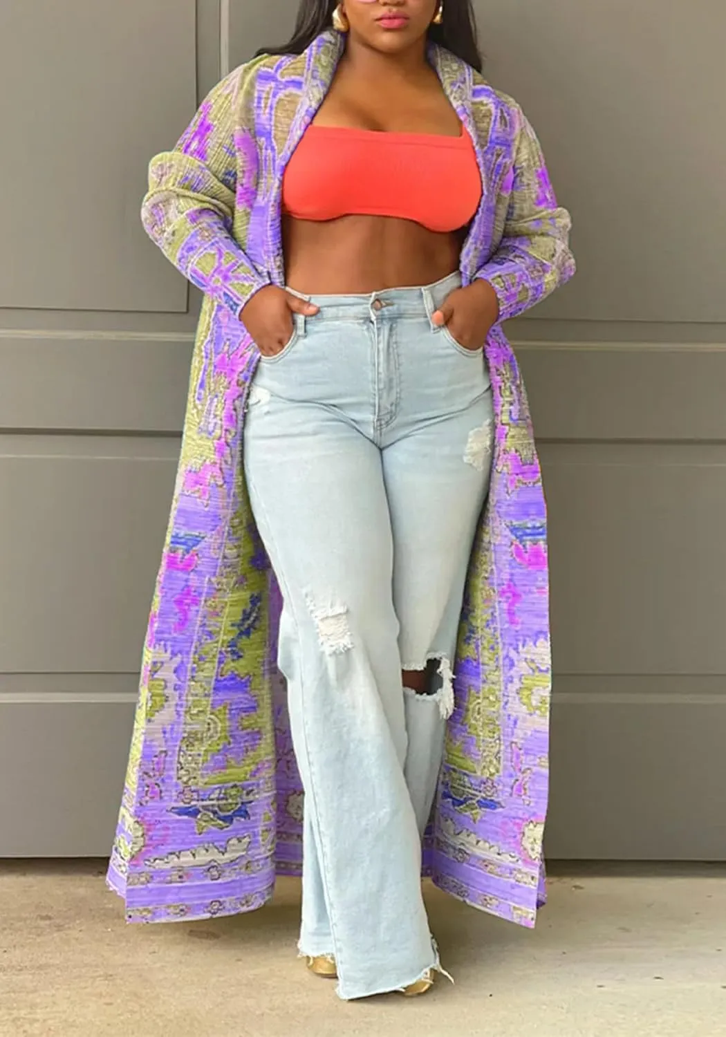 Ecirod Womens Vintage African Print Long Sleeve Open Front Cardigan Lapel Collar Long Jacket Coat