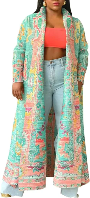 Ecirod Womens Vintage African Print Long Sleeve Open Front Cardigan Lapel Collar Long Jacket Coat