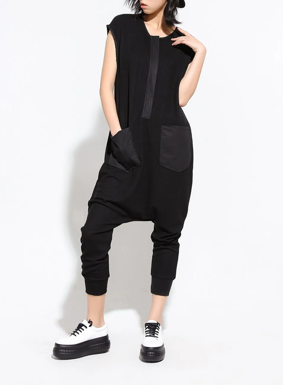 ellazhu Women Black Harem Pants Rompers Sleeveless Drop Crotch Harem Jumpsuits Summer GY867