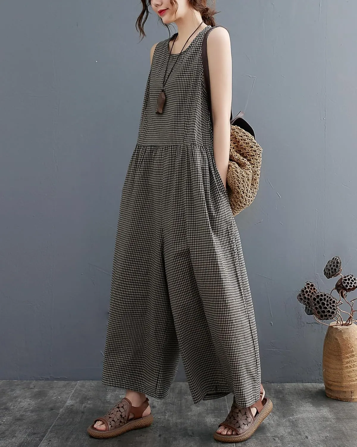 ellazhu Women's Summer Harem Pants Wide Leg Plaid Oversized Harem Jumpsuit Romper Playsuit GA2694 A