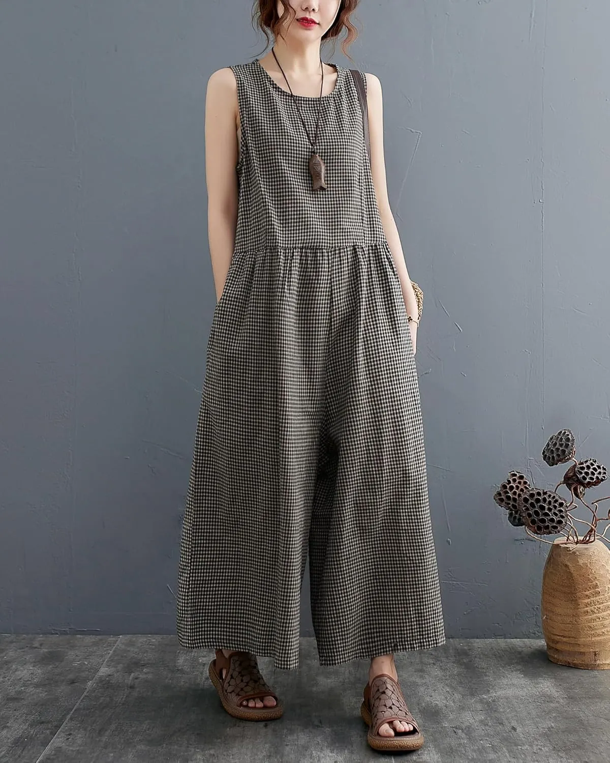 ellazhu Women's Summer Harem Pants Wide Leg Plaid Oversized Harem Jumpsuit Romper Playsuit GA2694 A