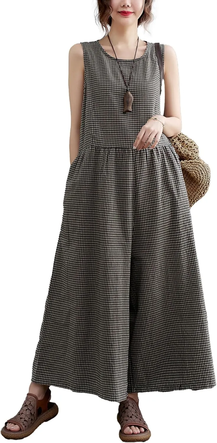 ellazhu Women's Summer Harem Pants Wide Leg Plaid Oversized Harem Jumpsuit Romper Playsuit GA2694 A