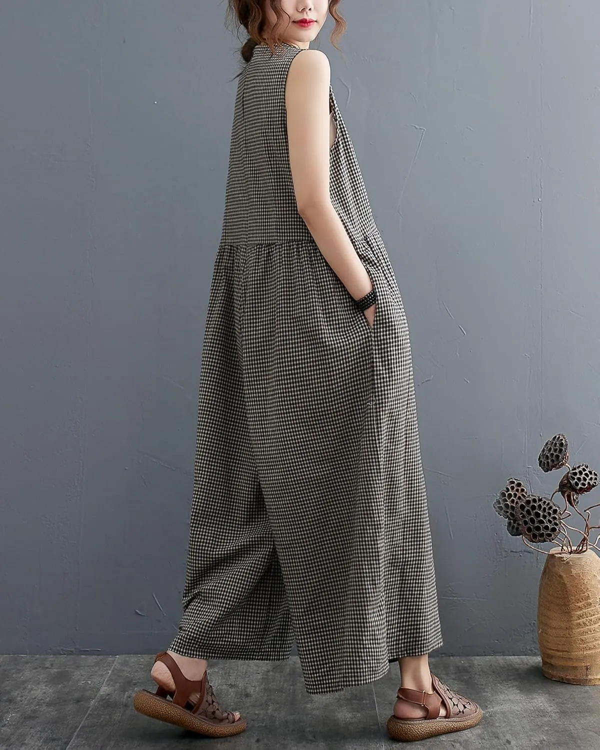ellazhu Women's Summer Harem Pants Wide Leg Plaid Oversized Harem Jumpsuit Romper Playsuit GA2694 A
