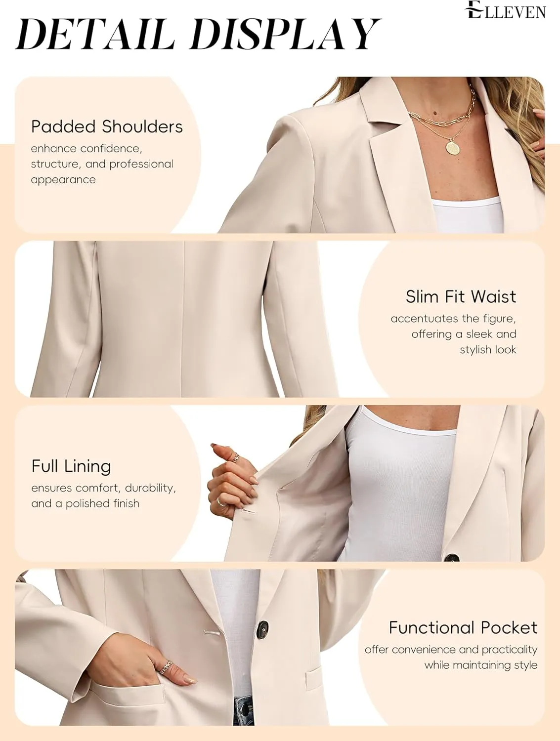 ELLEVEN Women's Blazer Business Casual Lightweight Suit - Long Sleeve Slim Fit Work Office Jacket with Pockets