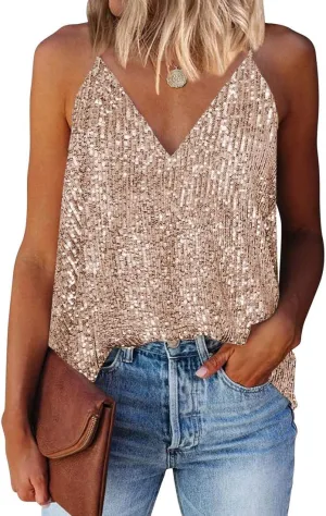 EUDOLAH Sequin Tops for Women Sparkle Camisole Shimmer Sleeveless V Neck Tanks Sexy Party Cami Going Out Outfits