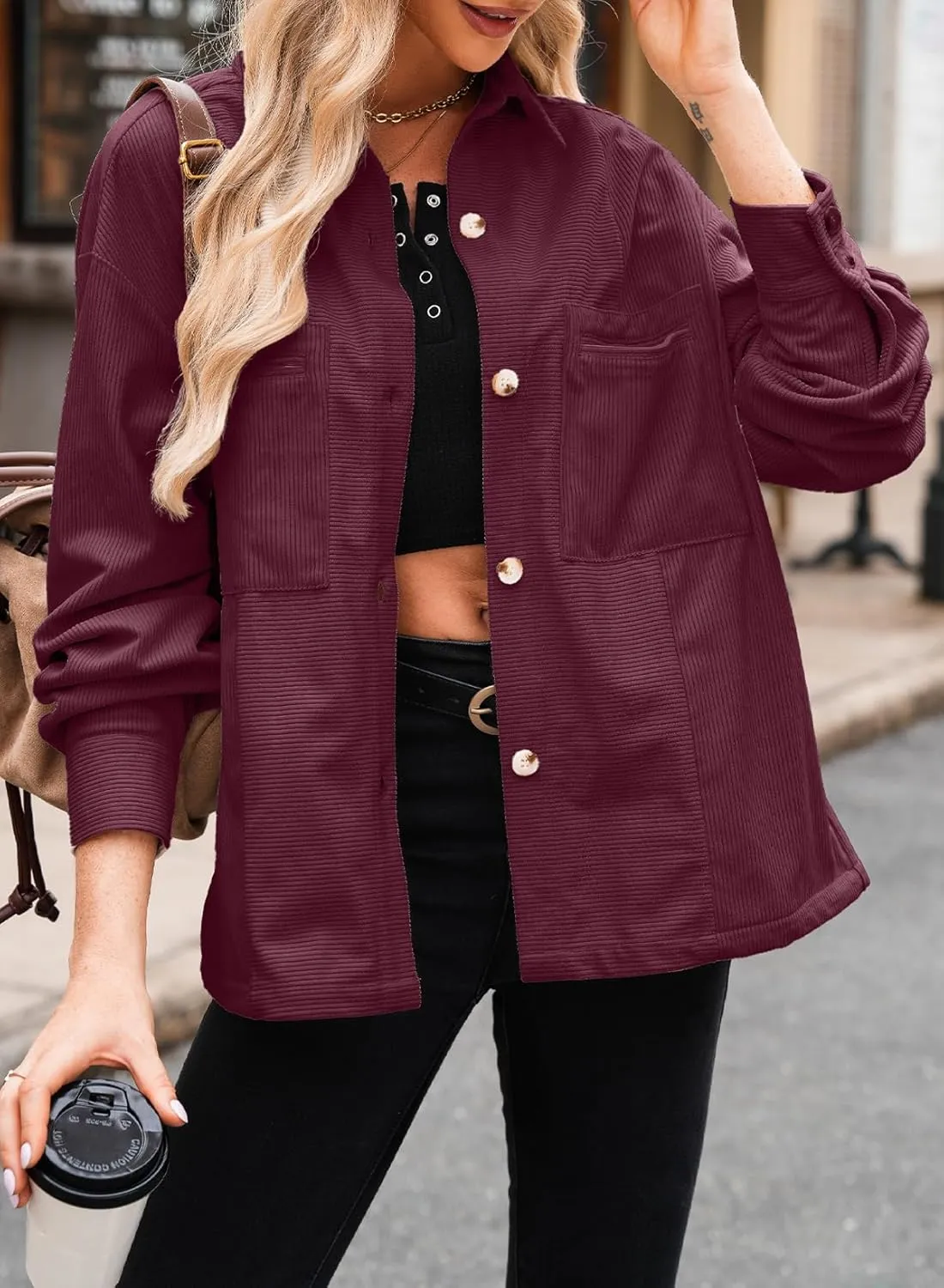 EVALESS Womens Corduroy Jackets Fashion Long Sleeve Button Down Shacket Shirt Jacket with Pockets Fall Outfits 2024