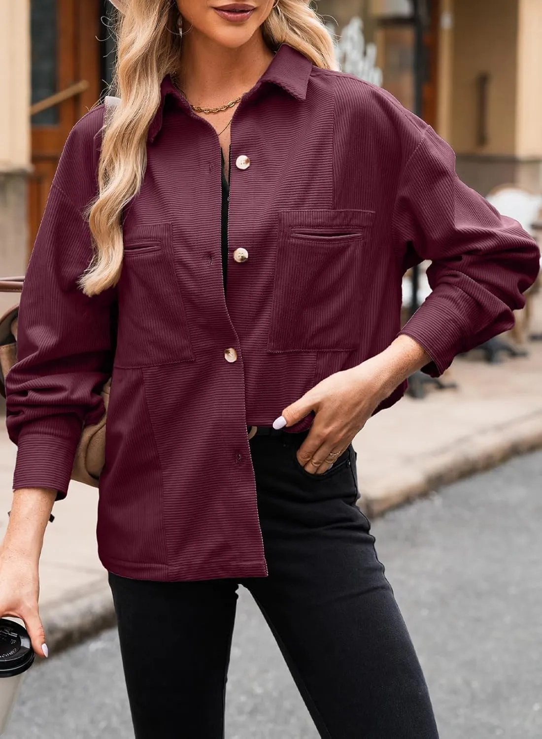 EVALESS Womens Corduroy Jackets Fashion Long Sleeve Button Down Shacket Shirt Jacket with Pockets Fall Outfits 2024