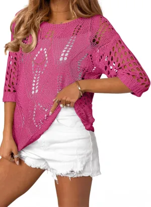 EVALESS Womens Crochet Hollow Out Knit Tops Half Sleeve Spring Summer Sweaters Beach Cover Ups for Women Trendy 2025