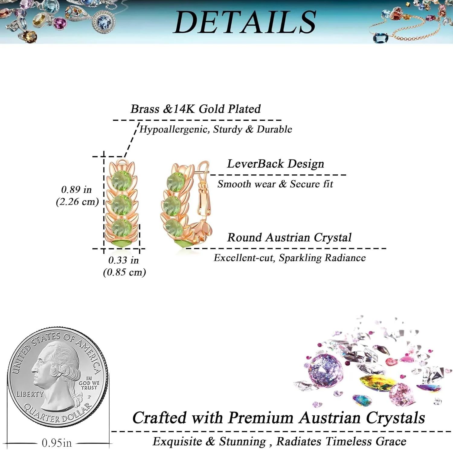EVEVIC Austrian Crystal Hoop Earrings for Women Wheat Leverback Earrings 14K Gold Plated Hypoallergenic Jewelry Gifts